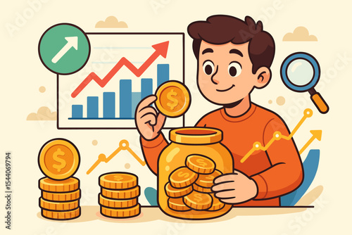 Cartoon boy investing money, saving coins in jar, financial growth, stock market analysis, upward graph, economic success, wealth management, personal finance, investment planning, prosperity concept