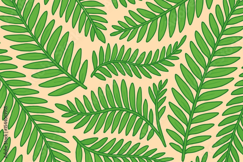 Seamless Green Fern Leaves Pattern. Lush Tropical Botanical Foliage. Hand Drawn Nature Background. Jungle Palm Leaf Texture. Vector Cartoon Leafy Plant Design for Fabric, Wallpaper, Eco Projects