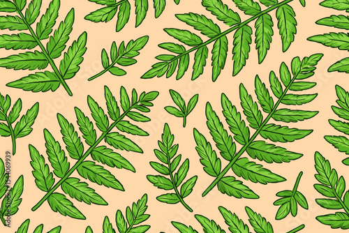 Seamless Green Fern Leaf Pattern. Botanical Foliage Background. Vibrant Nature Inspired Texture. Hand Drawn Tropical Plant Leaves. Spring Summer Jungle Vector Wallpaper. Eco Organic Design.