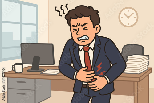 Stressed businessman suffering stomach pain, abdominal cramps, gastrointestinal issues, workplace anxiety, office stress, health problem, holding belly in professional environment, vector illustration