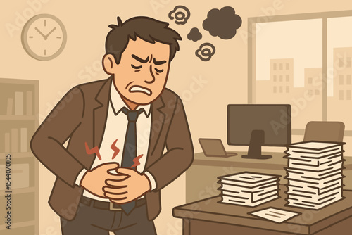 Businessman suffering stomach pain holding abdomen in office. Stress work related gastrointestinal problems, anxiety, job burnout, unhealthy lifestyle. Vector cartoon illustration interior workplace
