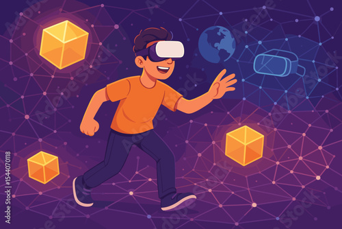 Man Experiencing Metaverse with Virtual Reality Headset, Blockchain Network Cubes, Digital Connection, Futuristic Technology, Immersive VR Exploration, Global Online Interaction Vector Illustration