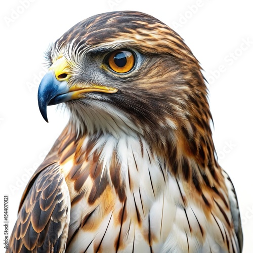 Closeup profile of a majestic brown and white hawk against white background
