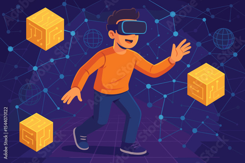 Metaverse exploration concept. Man using virtual reality headset interacts with blockchain cubes, immersive VR technology, digital network, futuristic cyberspace, data connection vector illustration
