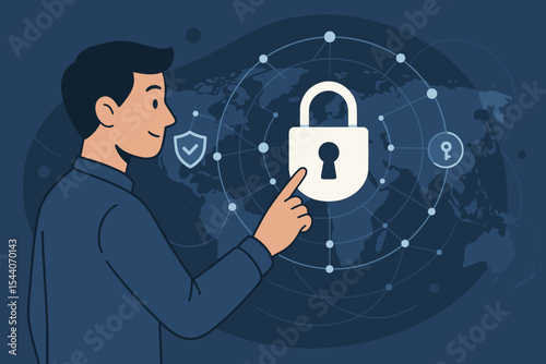 Cybersecurity concept illustration. Man interacts with global digital network, secure padlock, data protection, privacy, internet safety, information encryption, secure access, vector art