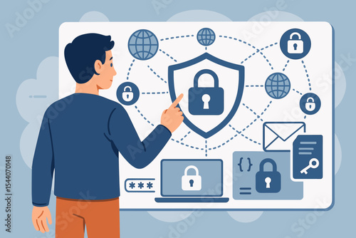 Man interacting with cybersecurity network interface, digital data protection and internet privacy, encryption technology, secure login, online safety, firewall, global secure communication vector
