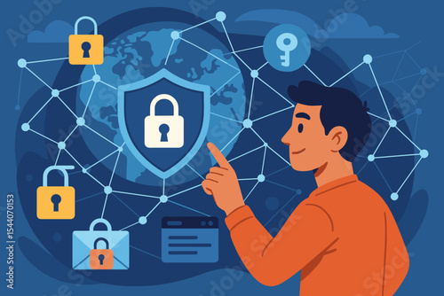 Man interacting with global cybersecurity network interface, digital data protection, encryption concept, secure online access, privacy shield, padlocks, global internet security illustration