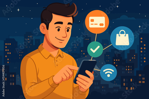 Man Using Smartphone for Online Payment, Shopping, and Wireless Internet Access with Urban Night Cityscape, Digital Finance Technology, Modern E-Commerce Concept, Vector Cartoon Illustration