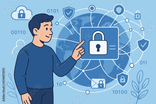 Cybersecurity concept with man using global network security interface, data protection, digital privacy, secure internet access, information encryption, cartoon vector illustration technology