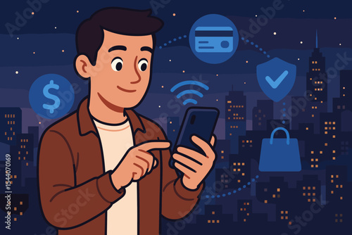 Urban man using smartphone for secure contactless mobile payment, digital banking, online shopping, wireless transaction, credit card, money transfer, fintech at night cityscape, vector illustration
