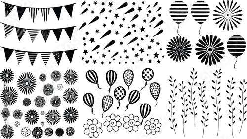 Illustration of bunting banners, shooting stars, balloons, flowers, and plants in black and white style