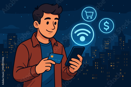 Young man making online payment with credit card and smartphone, digital finance icons, wireless transaction technology, urban night cityscape vector illustration, secure e-commerce concept
