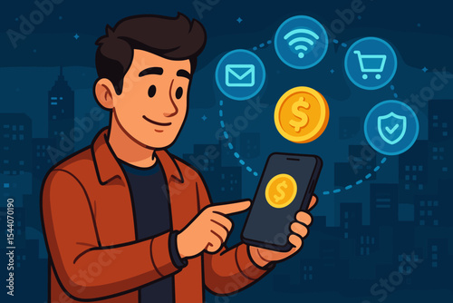 Urban man using smartphone for secure mobile payment, digital banking transaction, online shopping, wireless money transfer, financial technology concept, modern city night vector illustration