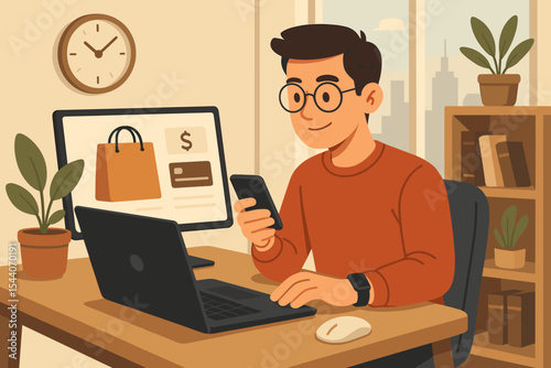 Modern office man shopping online with laptop and smartphone, digital payment concept, e-commerce workspace, technology lifestyle, remote work, internet purchasing, cartoon vector illustration