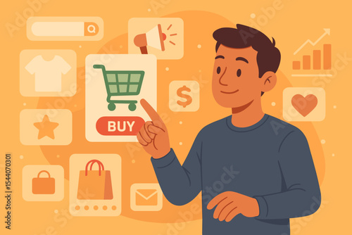 Modern online shopping experience concept. Young man using digital interface with shopping cart, buy button, e-commerce icons, marketing, analytics, retail technology. Vector illustration