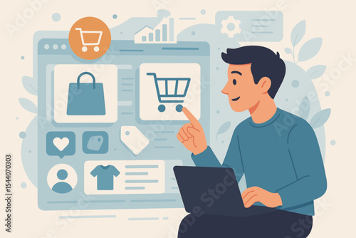 Modern Online Shopping Interface Illustration. Person Using Laptop for E-commerce, Digital Marketing, Retail Purchase, Internet Storefront, Web Technology, User Experience, Digital Retail Concept