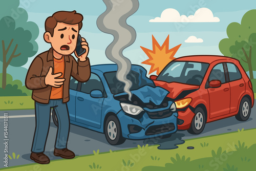 Cartoon man calling emergency roadside assistance after car accident, two damaged cars, collision aftermath, smoke, crash scene, insurance, stressful situation, vector illustration