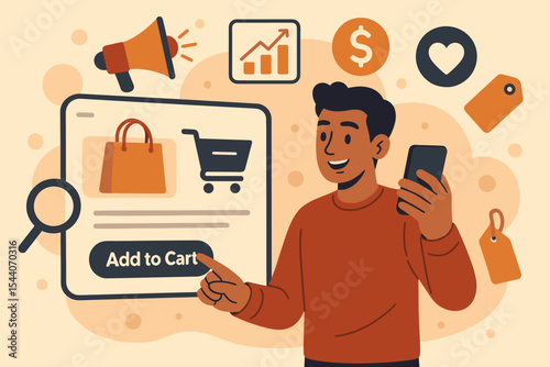 Modern Online Shopping and Digital Marketing Concept Illustration. Man with Smartphone Using E-Commerce Interface, Add to Cart Button, Price Tag, Megaphone, Analytics Graph, Dollar and Heart Icons