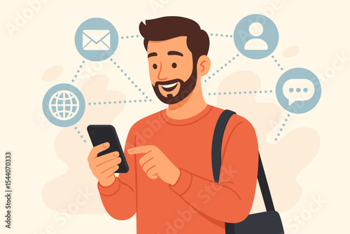 Young man using smartphone for online messaging, social media, mobile internet browsing, digital network communication. Cartoon vector illustration of modern lifestyle and digital technology concept