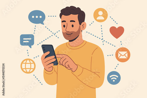 Young man using smartphone for social media networking, online communication, messaging, internet browsing, email, and wireless connection. Modern digital lifestyle vector illustration concept