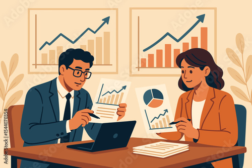 Marketing and finance professionals examining economic data. Colleagues collaborating on sales charts and reports. Business analysis and teamwork concept. Flat vector illustration.