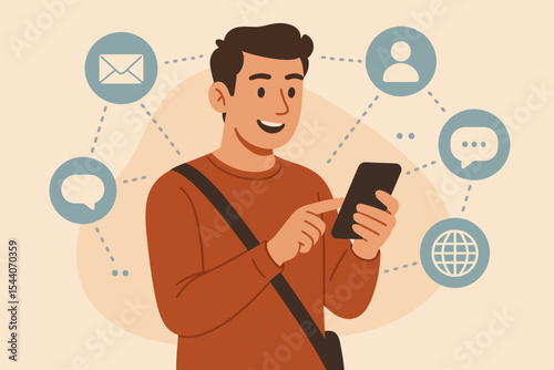 Young man using smartphone for digital communication, internet networking, social media, online messaging, mobile app connectivity, technology lifestyle concept, modern cartoon vector illustration