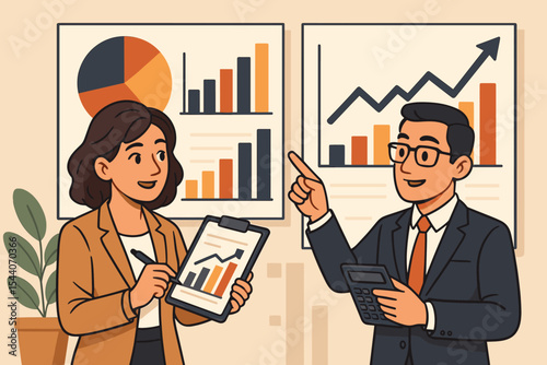 Business professionals analyzing financial charts, marketing data, sales statistics, teamwork discussion, economic growth, office meeting, bar and pie graphs, vector illustration, corporate strategy