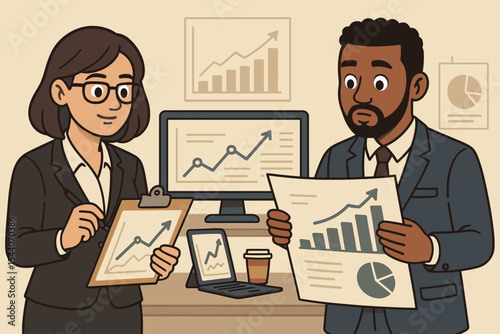 Business professionals analyzing financial data charts, sales graphs, and economic reports in office setting. Vector illustration, teamwork, corporate strategy, finance, marketing, statistics