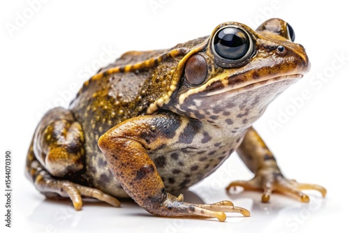 Closeup of a brown and tan frog on white background