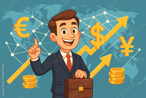 Global Businessman with Briefcase, Currency Exchange, Financial Growth, Investment, Rising Profits, Dollar Yen Euro Symbols, Vector Illustration, Economic Network, Market Trends, Worldwide Finance