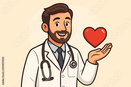 Cartoon doctor in white coat holding red heart shape symbolizing healthcare, compassion, cardiology, medical protection, patient care, wellness, hospital, and professional support illustration