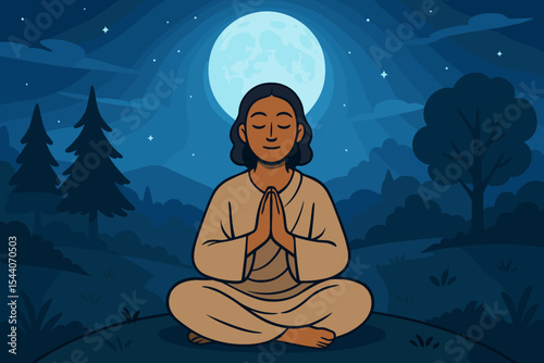 Woman meditating in lotus pose under a full moon. Serene night landscape creating a spiritual atmosphere. Peaceful prayer for mindfulness, calm, and mental health. Yoga vector art.