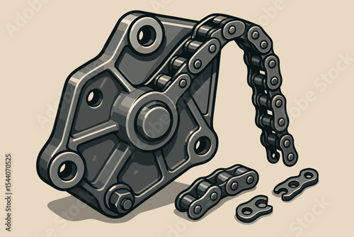 Broken metal chain on a heavy industrial machine part. Vector cartoon illustration of a mechanical failure. Concept of a weak link, breakdown, and disconnection. Car engine.