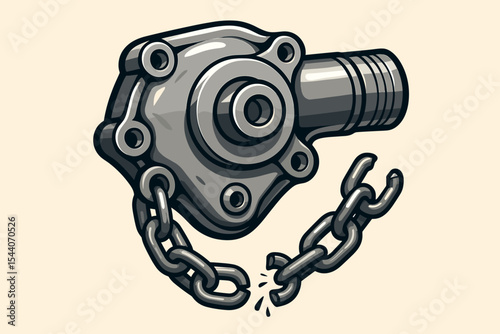 Industrial metallic car engine part with broken cut chain links, mechanical automotive component, vector cartoon illustration, symbolizing freedom, repair, manufacturing, resilience, and strength