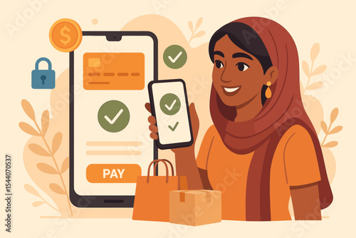 Empowered Woman Using Mobile Payment for Secure Online Shopping and Digital Banking. Safe E-Commerce Transaction, Modern Technology, Financial Inclusion, Shopping Bags, Smartphone Vector Illustration