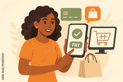 Woman using mobile payment on smartphone for online shopping. E-commerce and digital banking concept. African american customer making secure transaction with credit card. Fintech vector.
