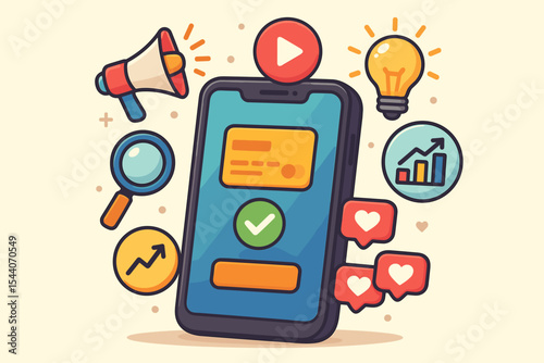 Digital marketing concept with smartphone and business icons. Social media marketing, advertising, online payment, and SEO strategy. E-commerce success and analytics. Vector cartoon.