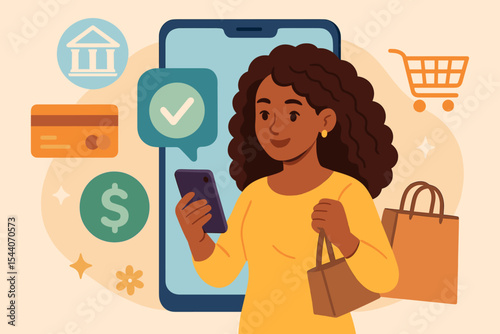 Mobile payment and digital banking concept. Happy black woman shopping online with smartphone. E-commerce and fintech. Customer with bags, credit card transaction. Financial freedom.
