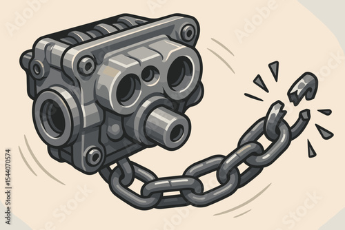 Heavy metallic machine part with breaking steel chain. Vector cartoon illustration concept of weak link, stress, failure, pressure. Metaphor for breaking free, liberation, freedom.