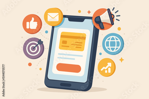 Mobile marketing strategy concept. Smartphone with business icons for e-commerce, social media, advertising, and analytics. Online payment and promotion flat vector illustration.
