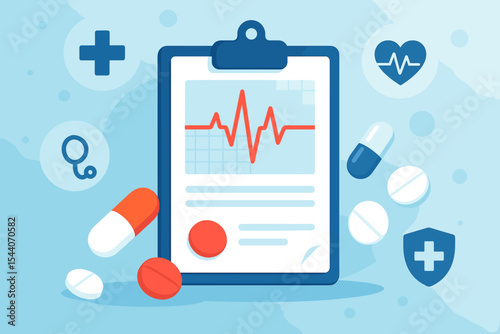 Medical healthcare concept with clipboard patient chart showing EKG cardiogram. Modern background for diagnosis, treatment with pills, medication. Health insurance cardiology vector.
