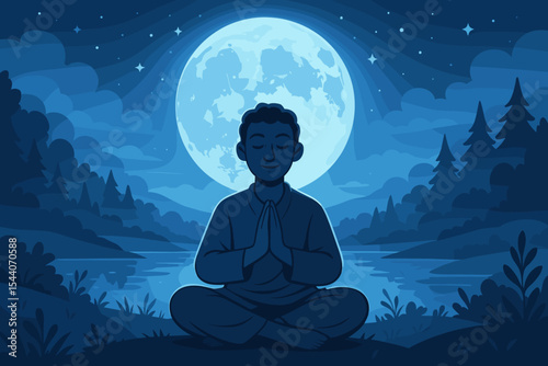 Man meditating in lotus pose under a serene blue full moon. Peaceful night landscape with forest and lake. Concept of yoga, prayer, mindfulness, spirituality, and mental health. Vector.