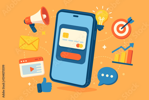 E-commerce and digital marketing concept. Smartphone with credit card for online payment surrounded by business icons. Mobile advertising, analytics, and social media strategy vector.