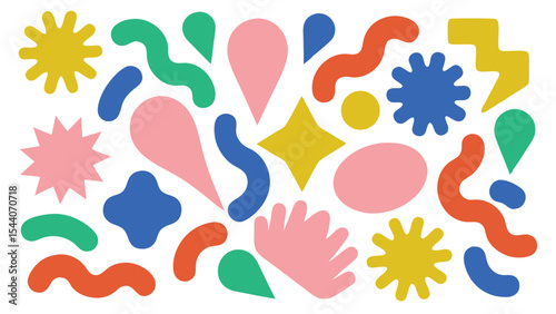 Colorful assorted shapes scattered on a white background creating a playful and modern aesthetic design