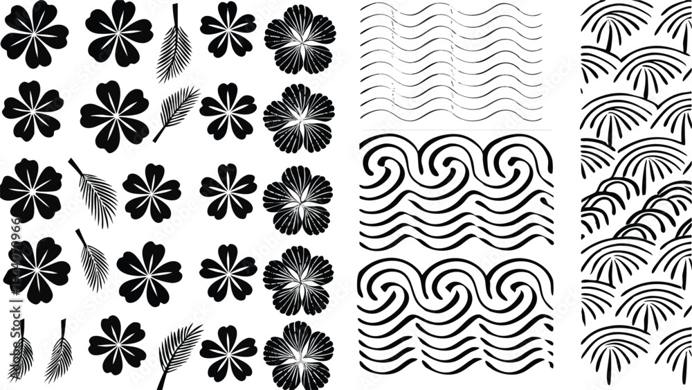 Fototapeta premium Floral and wave pattern with flowers leaves and stylized waves in black and white design style