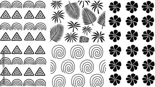 Collection of geometric and floral patterns including triangles spirals and leaves in black and white