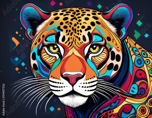 bold drawing of a jaguar with distinctive patterns and vibrant colors