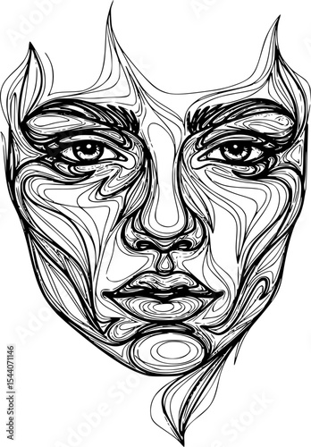 Intricate line art portrait of a woman's face, showcasing fluid, swirling patterns and expressive features that embody emotion and contemporary artistry