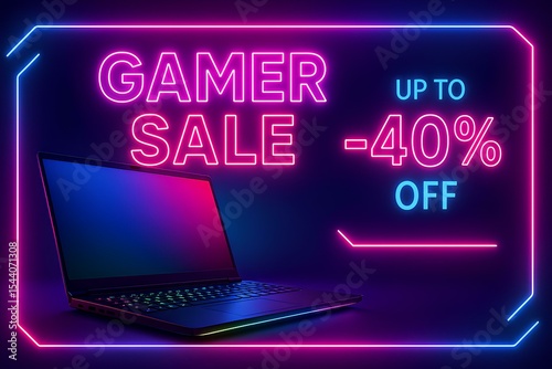 Gamer sale, gaming laptop with RGB lights, up to -40 off, neon cyber style