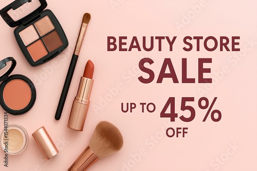 Beauty store sale, close-up of makeup products, up to 45 off, pastel background